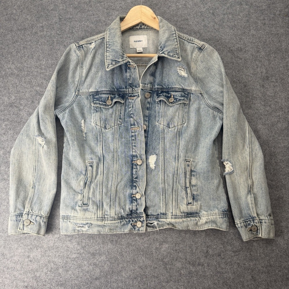 Old Navy Denim Jacket Womens Medium Distressed Light Wash Blue Jean Trucker